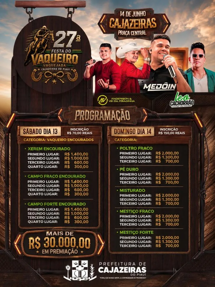 27ª Festa do Vaqueiro de Cajazeiras do Piauí promete grande celebração com mais de R$ 30 mil em premiações