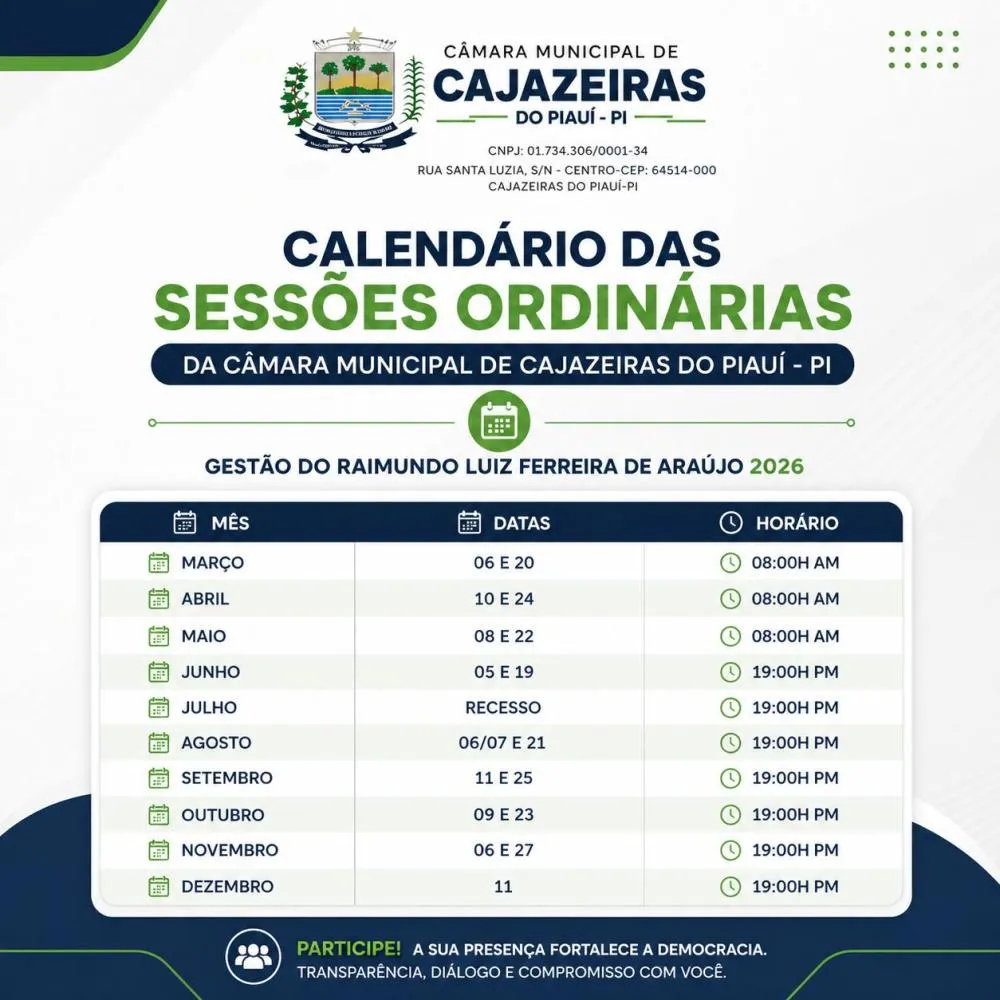 Câmara de Cajazeiras do Piauí divulga calendário oficial das sessões ordinárias de 2026