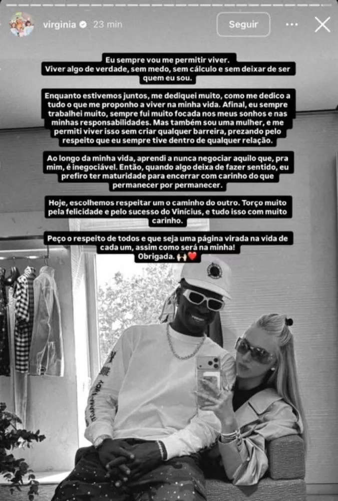 Vini Jr. e Virginia Fonseca terminam o namoro: “Página virada”